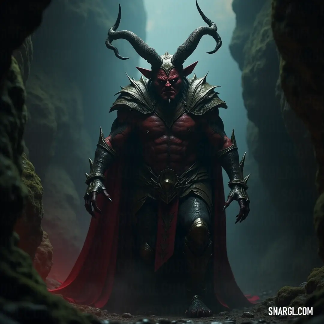 A horned figure in a cape, standing solemnly within the shadows of a dark cave, exuding an air of ominous power. A demon-like figure, adorned with horns and a cape, stands in the depths of a dark cave, creating an imposing and intimidating presence. The surrounding shadows add to the figure's terrifying stature.