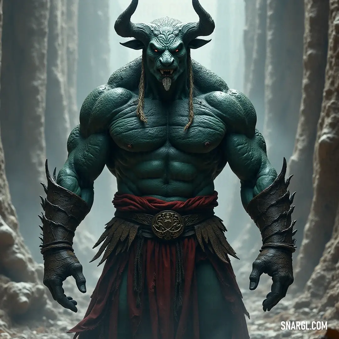Abraxas, the horned guardian, towering amidst an ancient forest, surrounded by mystical rocks and whispering trees. A powerful figure, Abraxas, adorned with twisted horns, stands majestically among towering trees in a misty forest, where ancient rocks hint at untold stories waiting to be discovered in the serene wilderness.