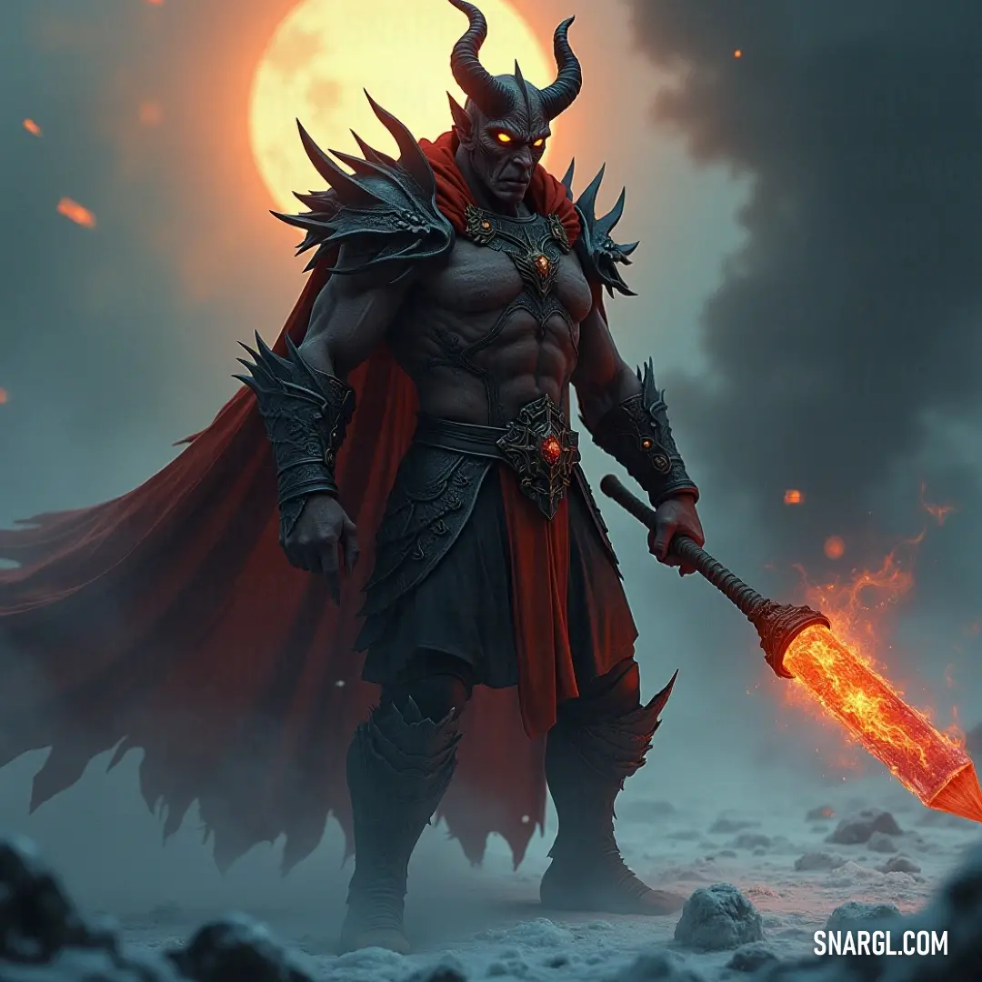 A dramatic scene of a horned figure holding a blazing fire stick, set against a moonlit sky filled with clouds. A horned figure with a fierce, horned head, holding a flaming staff as it stands under a full moon sky. The clouds swirl around the moon, casting an eerie glow across the scene.