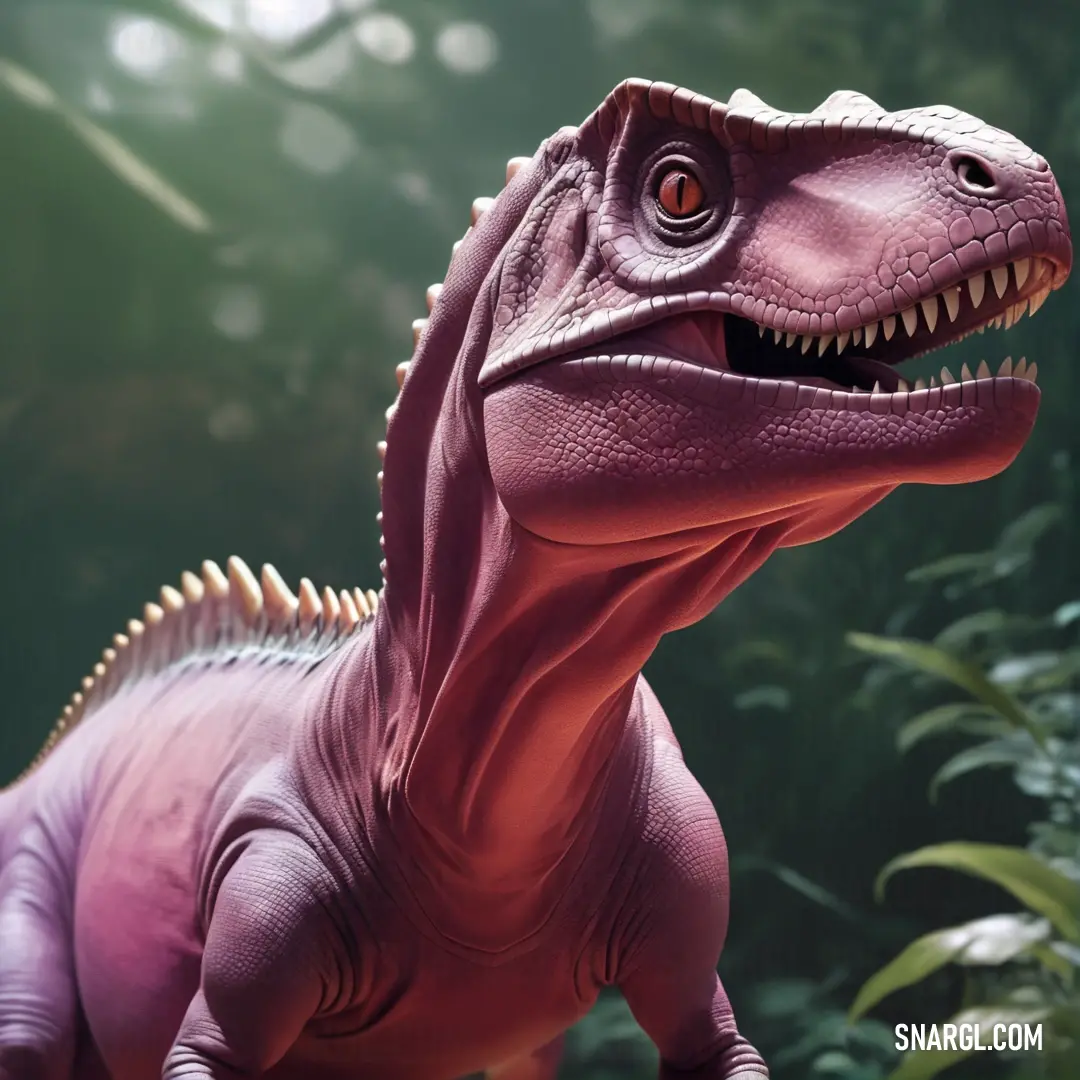 Close up of a Abrictosaurus in a field of plants and trees with a background of foliage