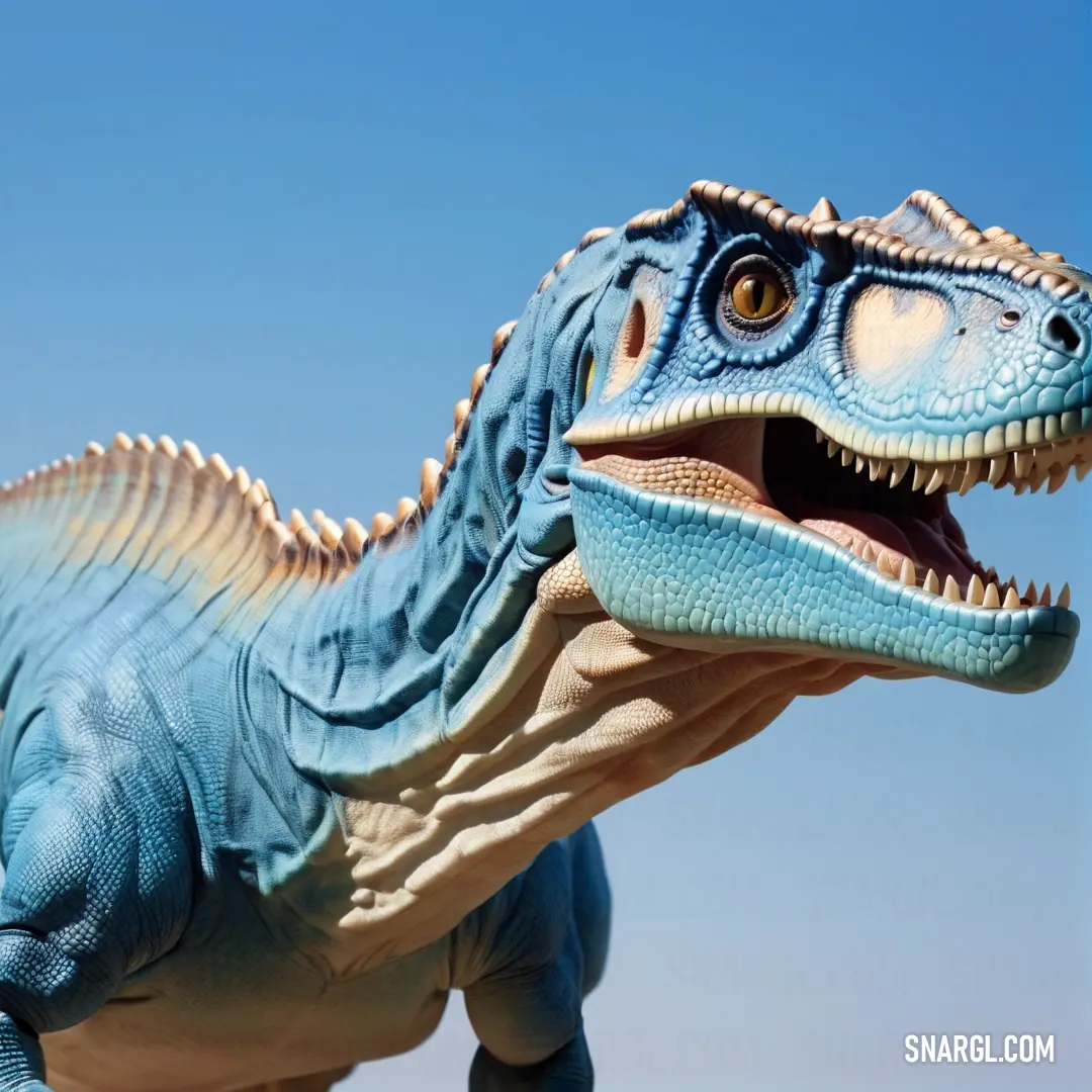 Close up of a toy Abrictosaurus with its mouth open and teeth wide open