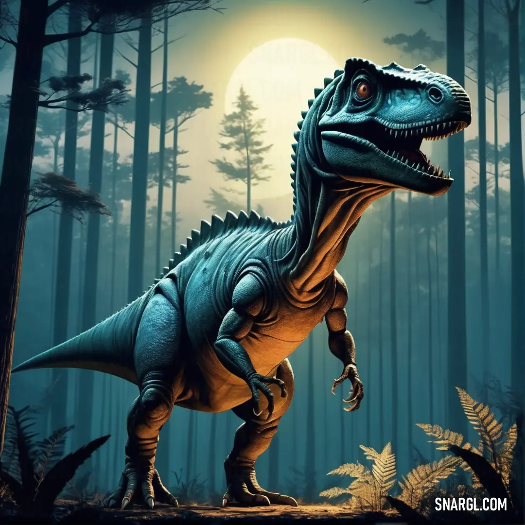 Abrictosaurus in the woods with a full moon in the background and trees in the foreground
