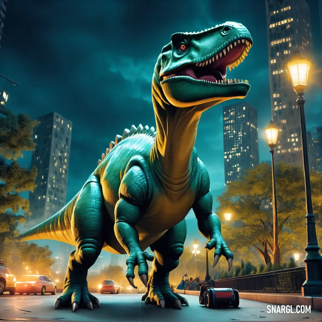 Abrictosaurus is standing in the middle of a city street at night with a car passing by it