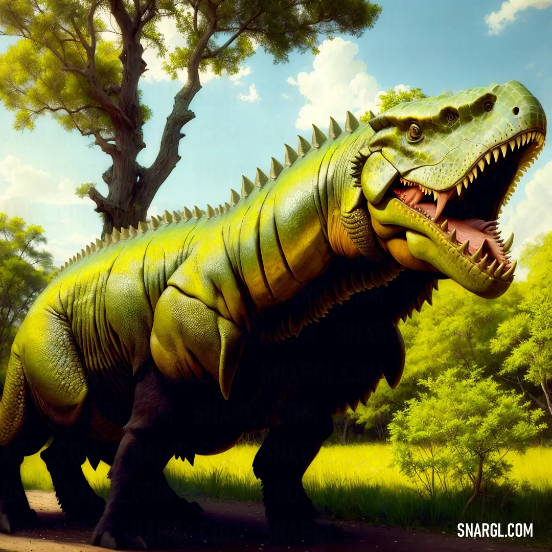Dinosaur with its mouth open walking in the grass near a tree and a field with grass and trees