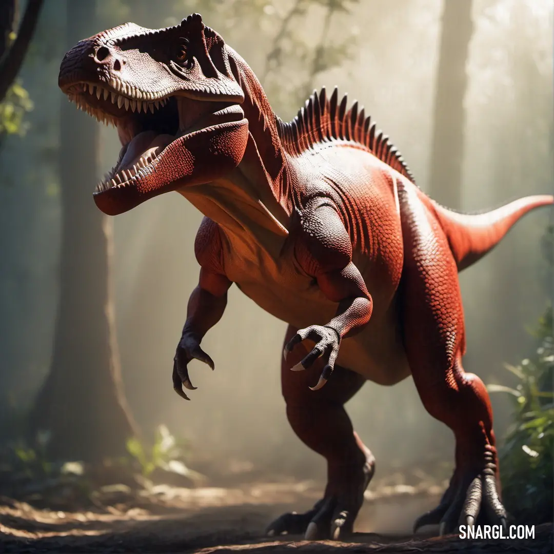 Toy Abrictosaurus in the woods with a light shining on it's face and neck