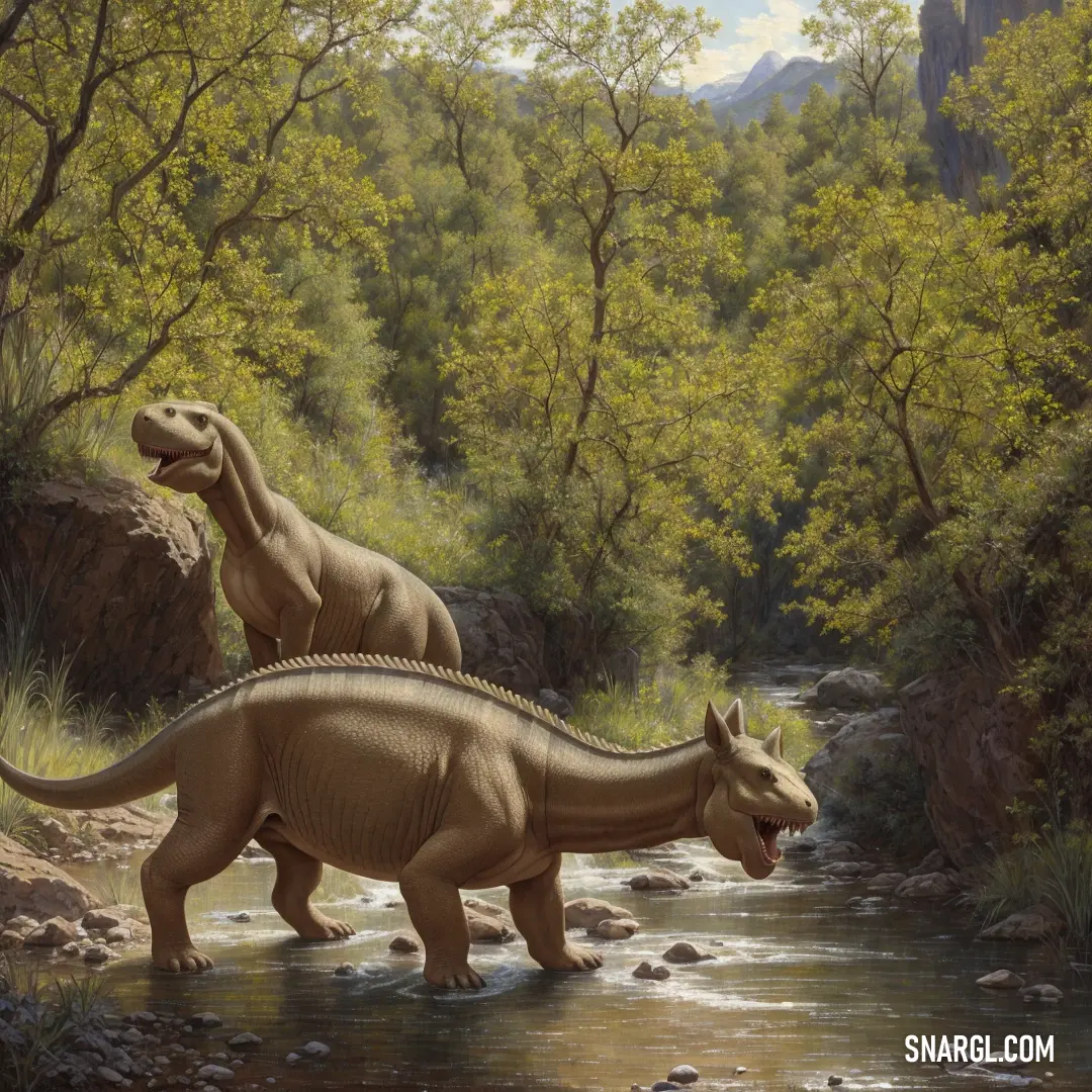 Two dinosaurs are walking through a river in a forest area with rocks and trees in the background