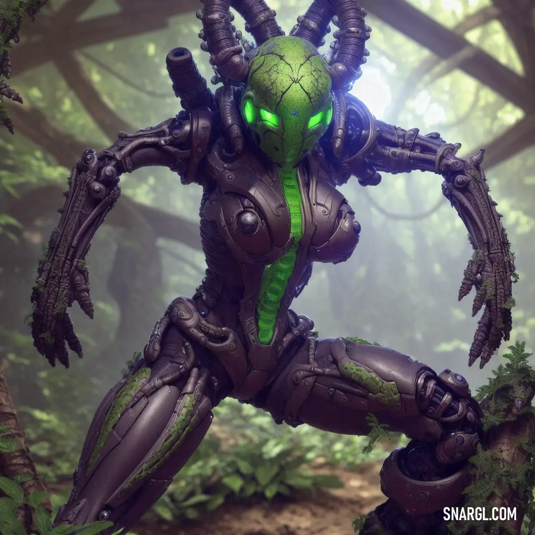 Green alien with large arms and legs in a forest with trees and bushes