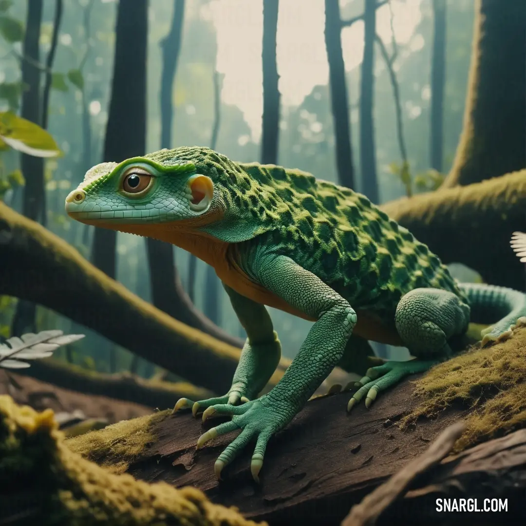 Green and yellow gecko on a tree branch in a forest with mossy trees and leaves