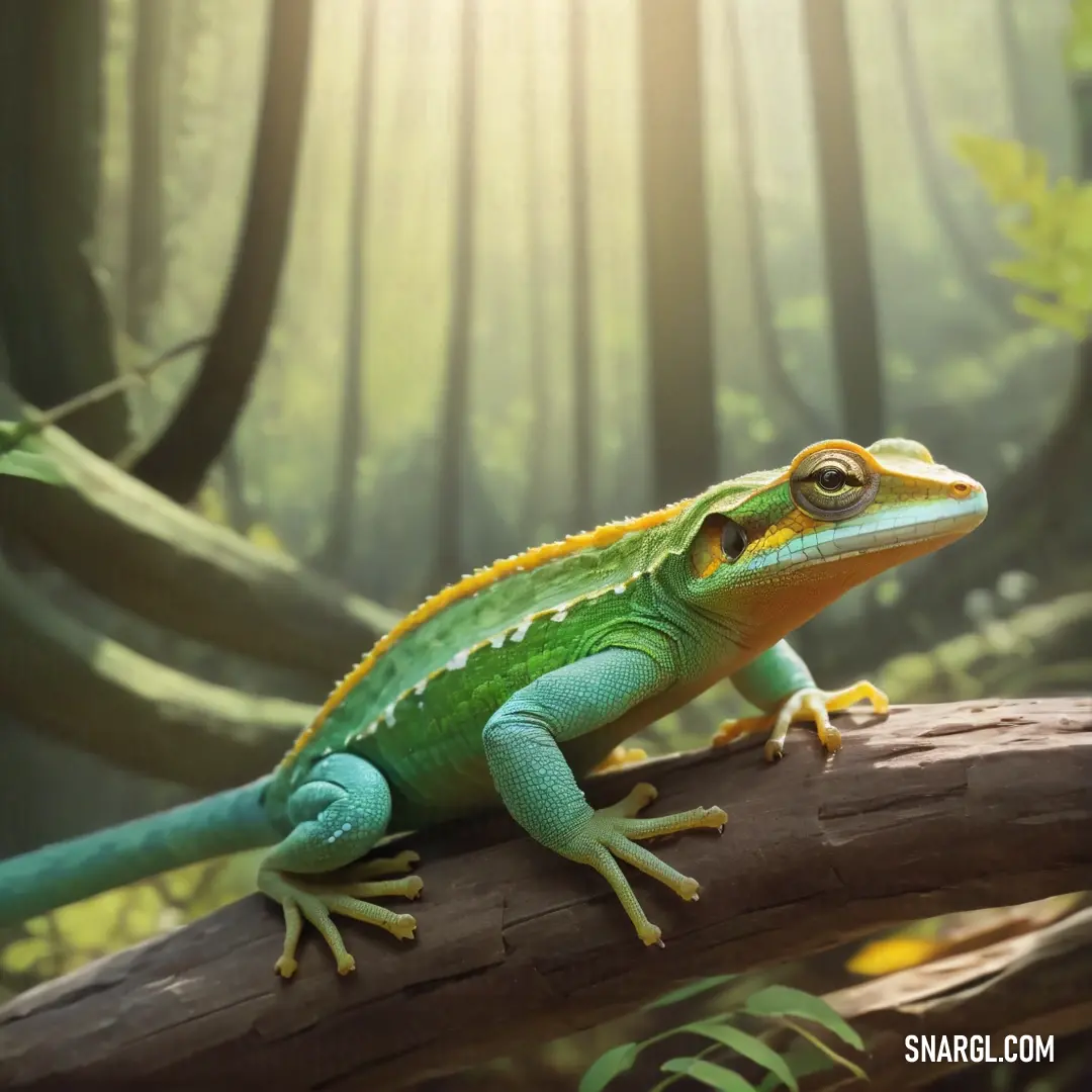 Green and yellow lizard on a branch in a forest with trees and leaves in the background