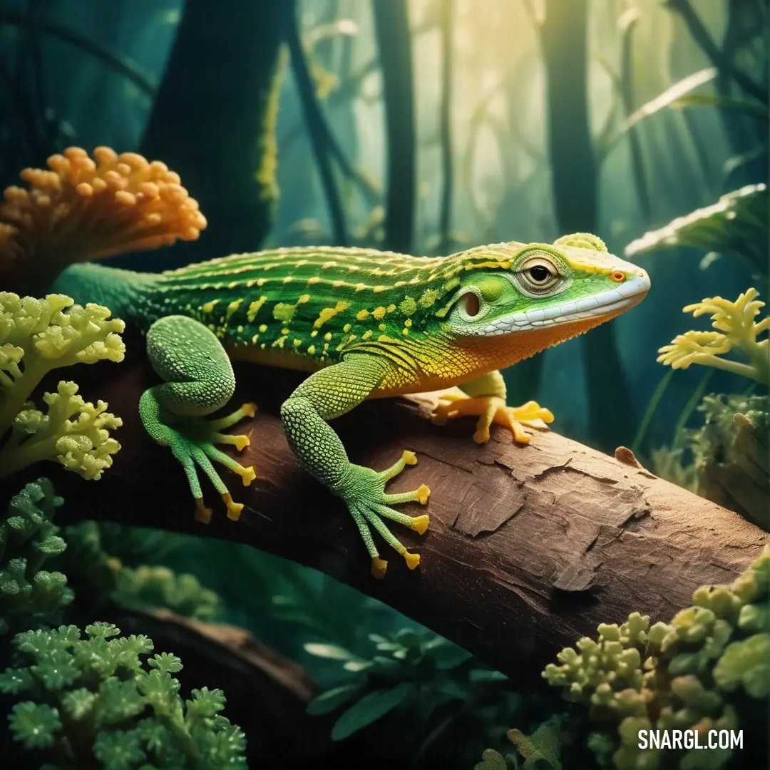 Green and yellow lizard on a branch in a forest with moss and flowers on the ground