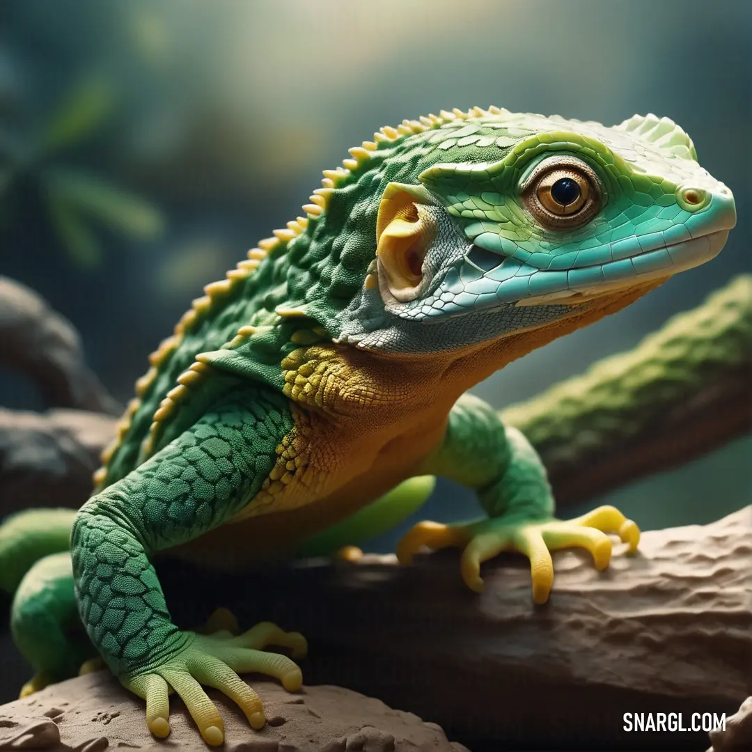 Green and yellow lizard on a branch in a zoo setting with a blurred background of leaves and branches