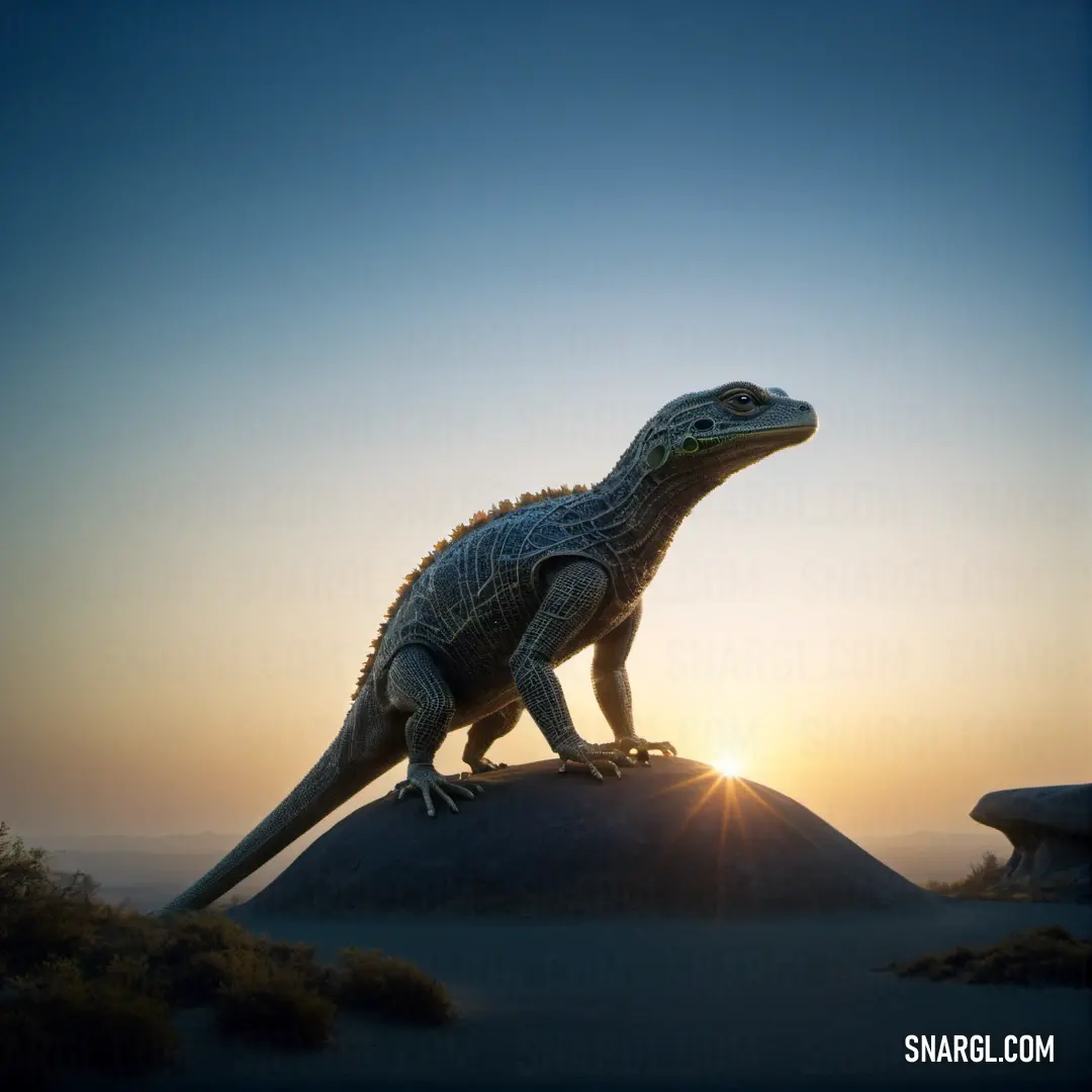 Lizard is standing on a rock at sunset or dawn