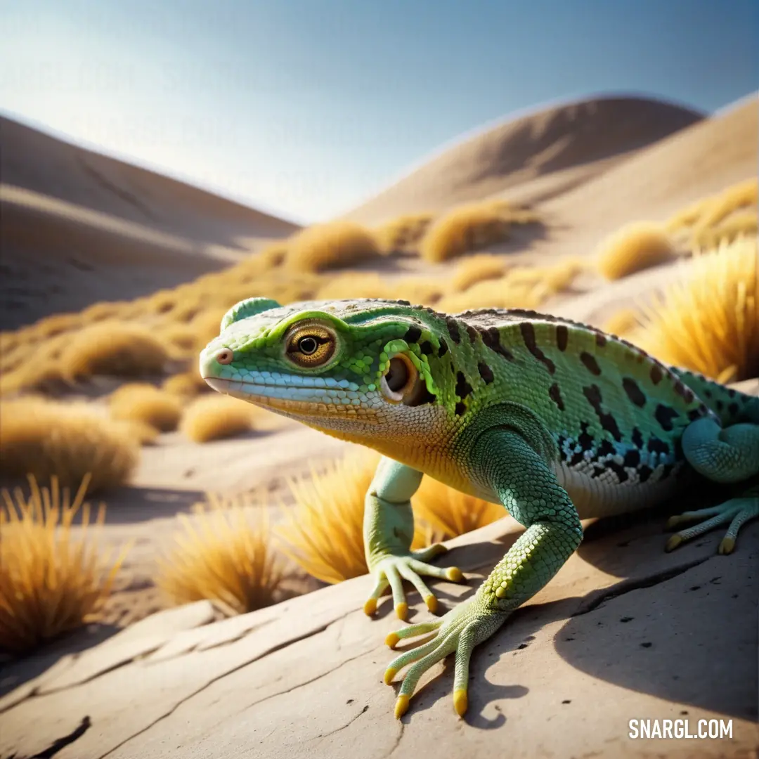 Lizard on a rock in the desert with a sky background