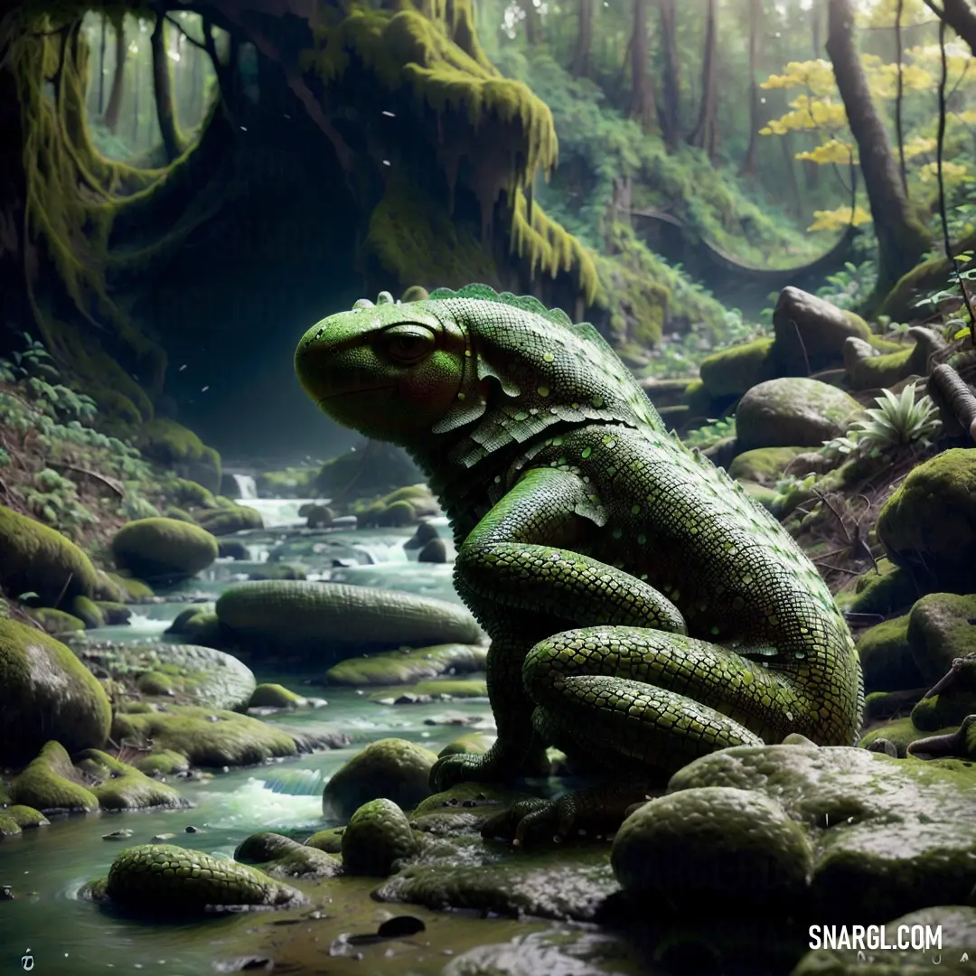 Lizard on a rock in a forest with a stream running through it's center