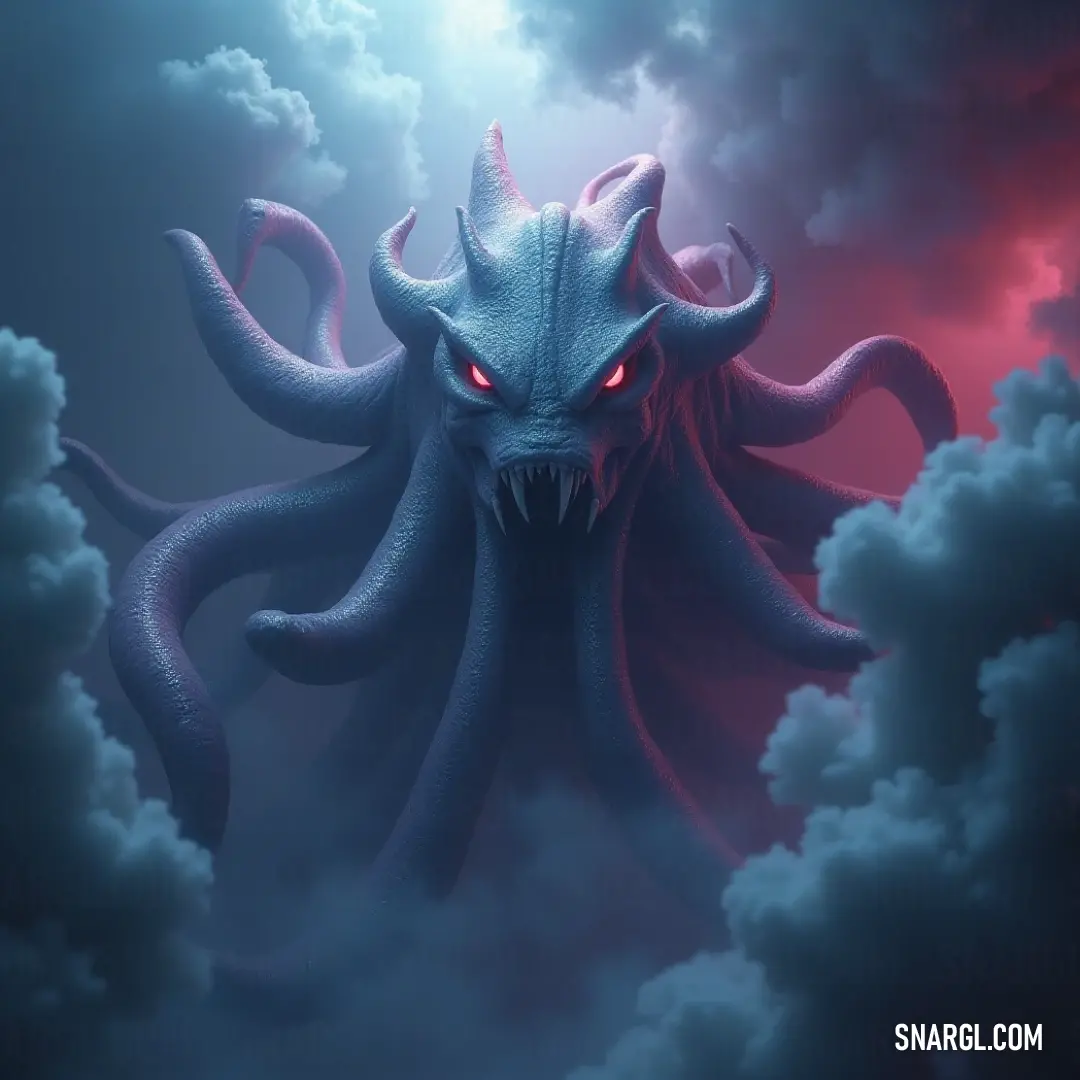 A giant blue Abyss Dweller, with striking red eyes, floats ominously in the clouds, illuminated by an ethereal red light, creating a captivating yet unsettling atmosphere. Amidst swirling clouds, a colossal blue Abyss Dweller unveils its monstrous red eyes, shimmering beneath an eerie red glow. Its imposing figure blends with the tumultuous sky, creating a surreal and ominous vista above.