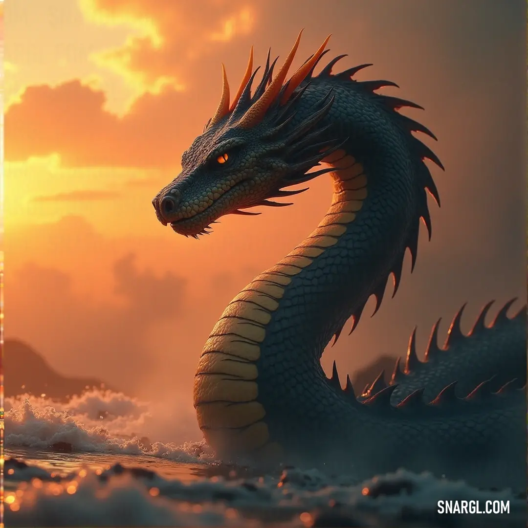 The Abyss Serpent, standing in still water, turns its head with sharp awareness, its gaze unwavering and its body radiating an intimidating presence. An Abyss Serpent stands poised in the water, its head turned to the side, eyes wide and alert. The dark waters around it seem to deepen its mystery, while its powerful form commands attention in the eerie setting.