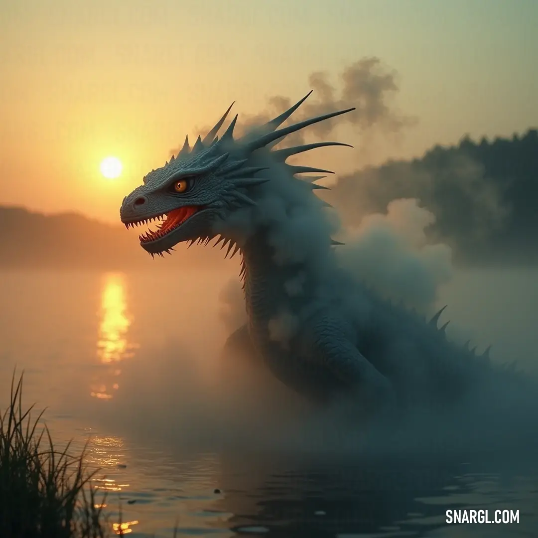 Abyssal Basilisk in Serene Waters: A Mystical Creature of Nature's Depths, captivating all who gaze upon it. An Abyssal Basilisk lies gracefully in tranquil waters, its mouth wide open, while its head is turned intriguingly to the side, emanating an aura of mystery and allure.