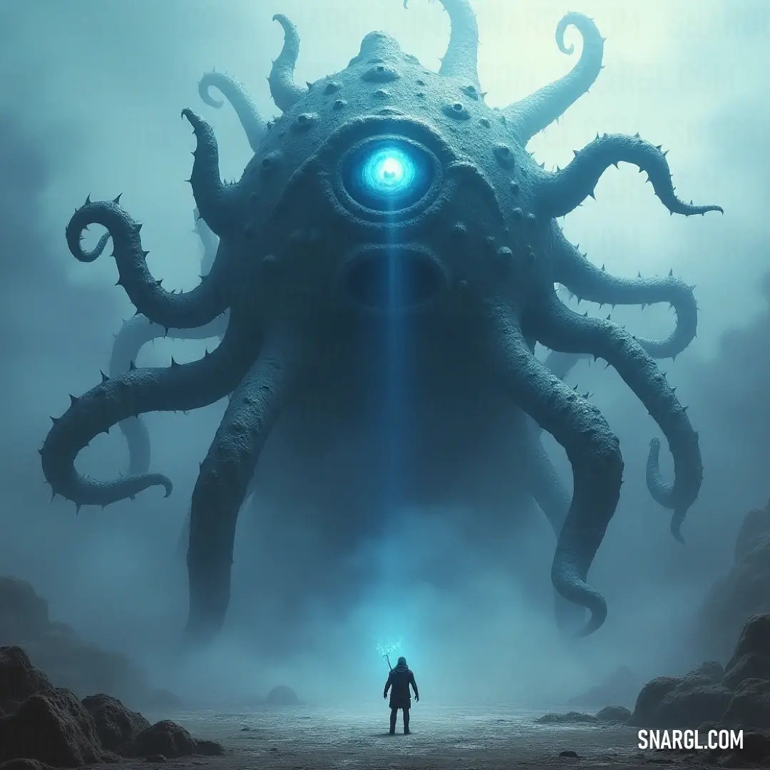 The Abyssal Eye Tyrant stands defiantly before a gigantic octopus, its piercing gaze reflecting an otherworldly blend of power and enigma against the backdrop of aquatic shadows. Intimidating Abyssal Eye Tyrant poised before a massive, illuminated octopus, with an eerie light illuminating the depth of its eyes and the formidable octopus head beside it.