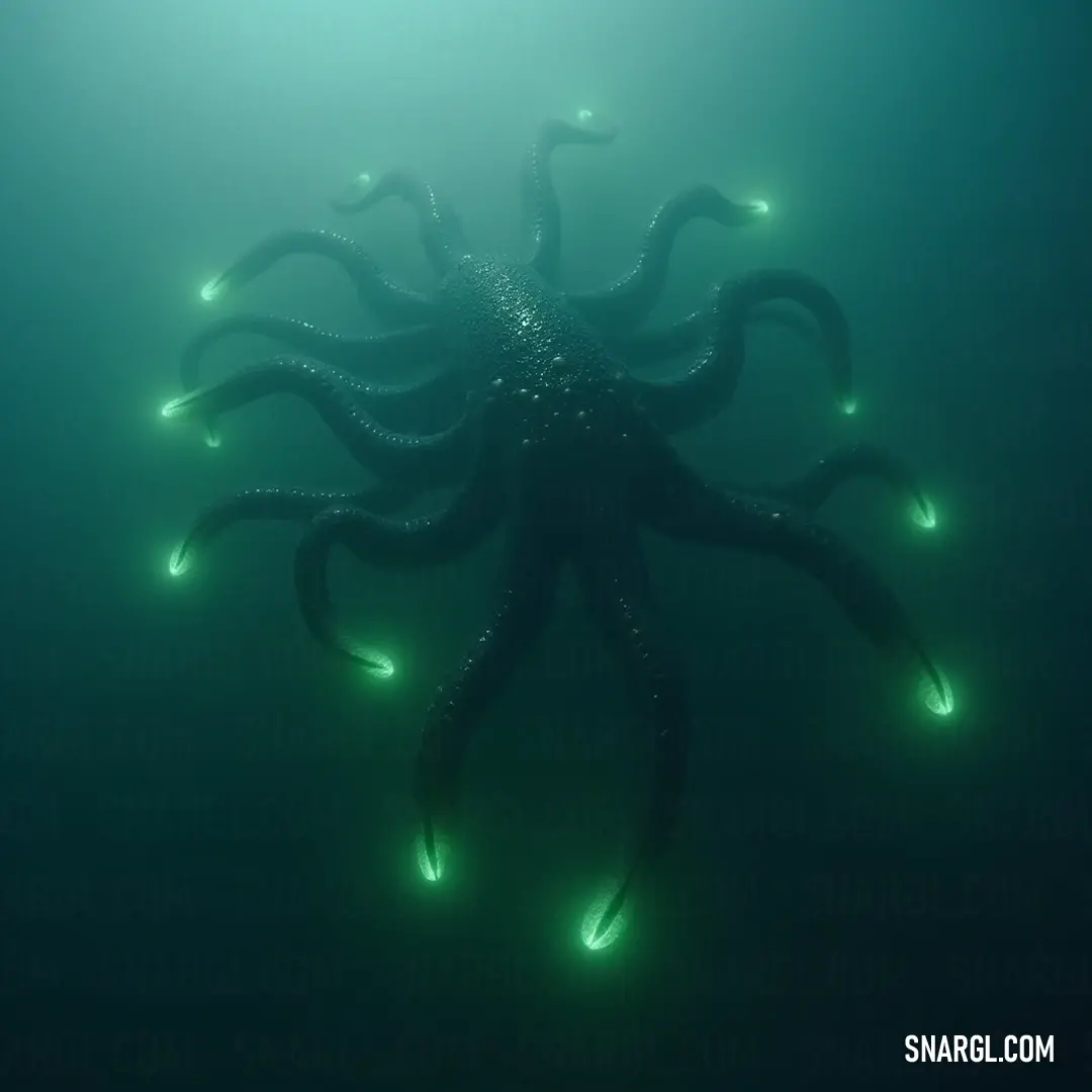 Emerging from the depths, the Abyssal Horror is enveloped in a luminous haze of green lights against a dark background, evoking a sensation of awe and trepidation. Abyssal Horror emerges from the inky darkness, surrounded by eerie green lights that illuminate its fearsome form, blending shadow and light in a mesmerizing yet chilling display of aquatic mystery.