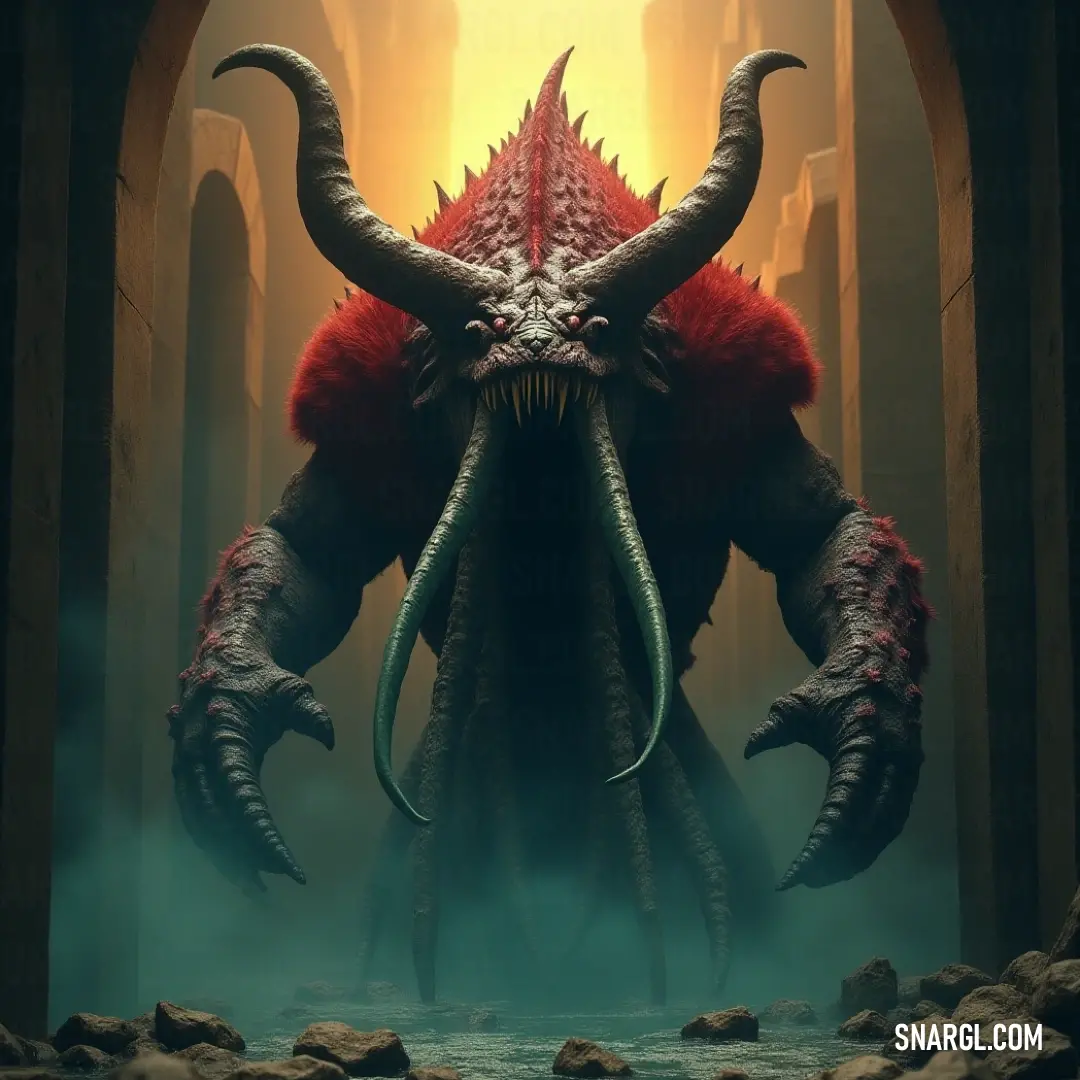 Fearsome Giant Abyssal Leviathan in a Glowing Cave The colossal Giant Abyssal Leviathan, with its formidable horns and captivating presence, dwarfs the cave entrance, illuminated by an ethereal light that enhances its awe-inspiring and fearsome aspect.