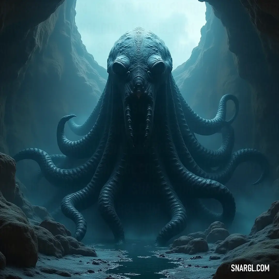 An Abyssal Lord stands ominously in an underwater cavern, its tentacles splayed out and eyes wide open, embodying the essence of the deep sea's terrifying beauty amidst rocks and darkness.