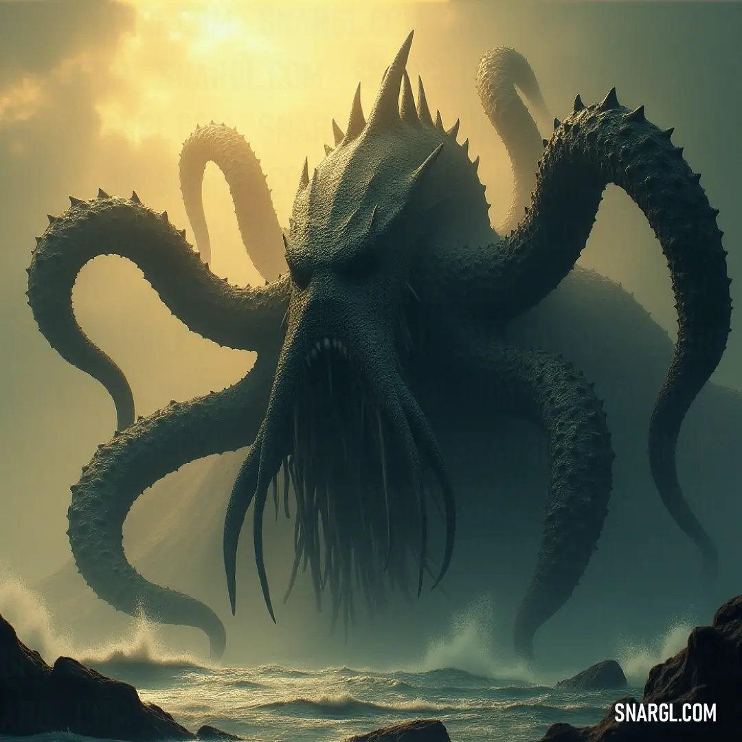 A fearsome Giant Abyssal Nightmare stands poised in the water, with its tentacles outstretched, evoking a sense of mystery and power by the shoreline. A menacing Giant Abyssal Nightmare looms ominously in murky waters, its long, sinuous tentacles unfurled gracefully, creating an eerie silhouette against the darkened surface of the sea.