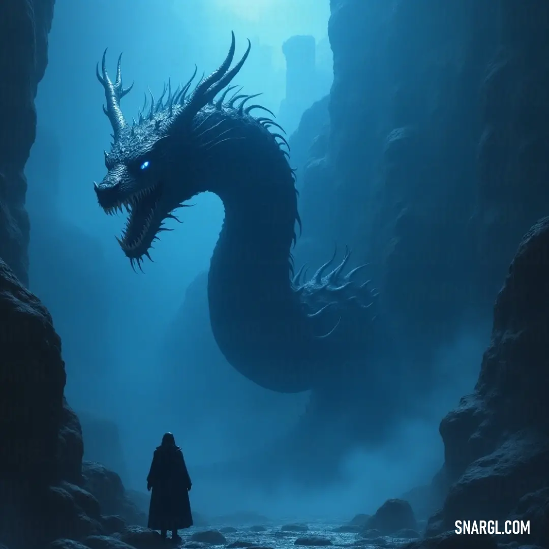 A person in a cave, with an Abyssal Serpent coiled around their head, creating a powerful, mysterious scene. A person stands confidently in a shadowy cave, a giant Abyssal Serpent coiled around their head. The darkness of the cave contrasts with the ethereal presence of the serpent, which looms over them like a guardian of the deep.