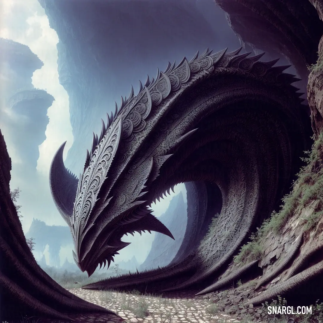 Dragon like creature is in a cave with a path leading to it and a mountain in the background
