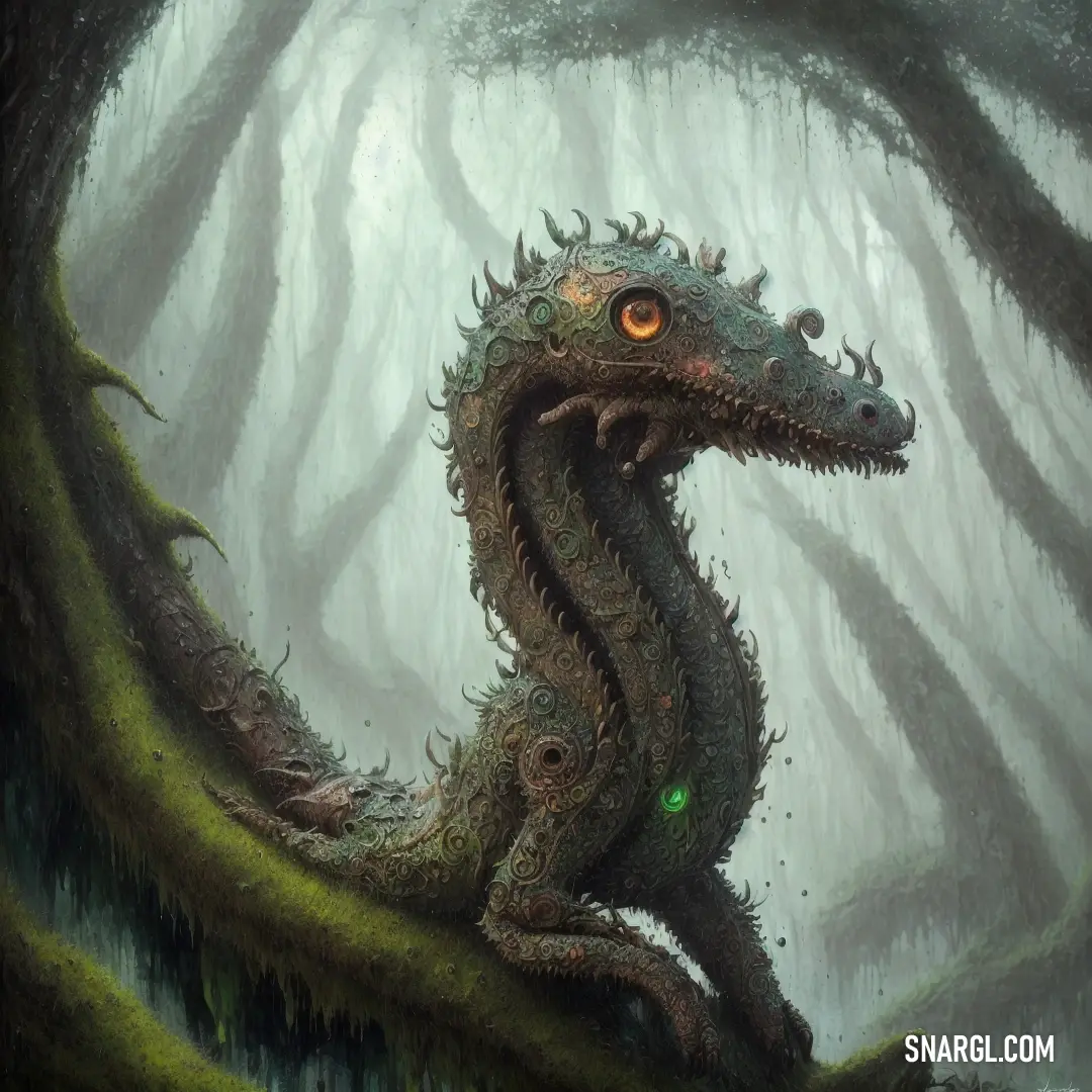 Dragon on a tree branch in a forest with foggy trees and mossy ground