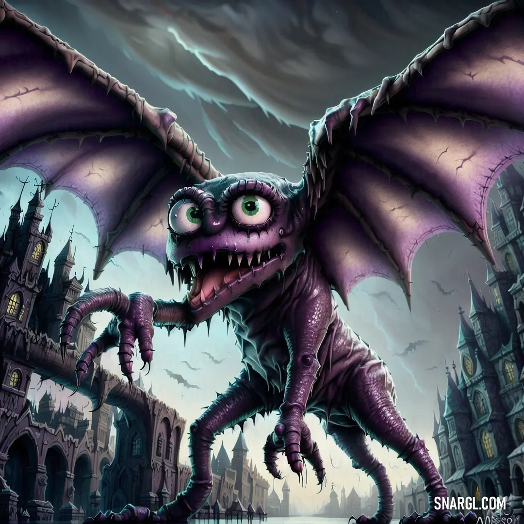 Purple dragon with large eyes and a large body of water in front of a castle with a lightning sky