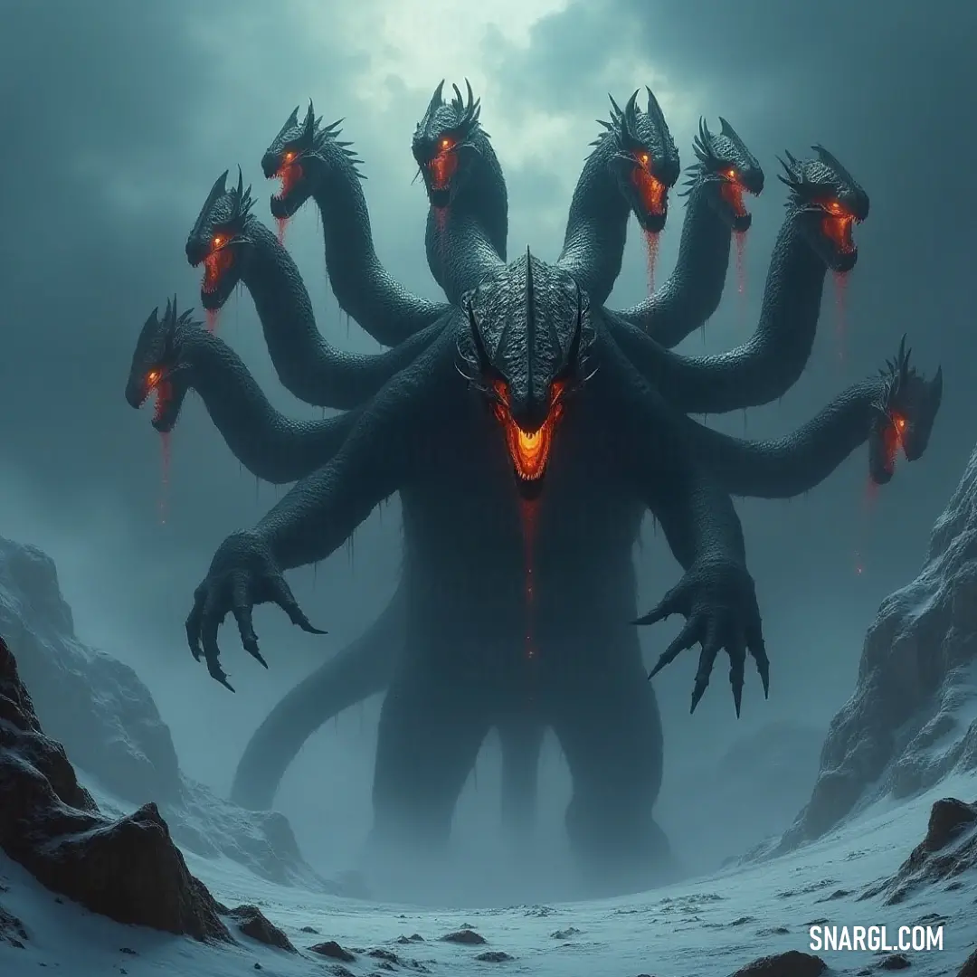 Imposing Giant Abysswalker Hydra with glowing eyes in a dramatic snowy landscape surrounded by mountains. A colossal Giant Abysswalker Hydra, featuring luminous eyes and formidable horns, looms over a snowy expanse. Tall mountains and scattered rocks create a dramatic landscape that heightens its imposing presence.