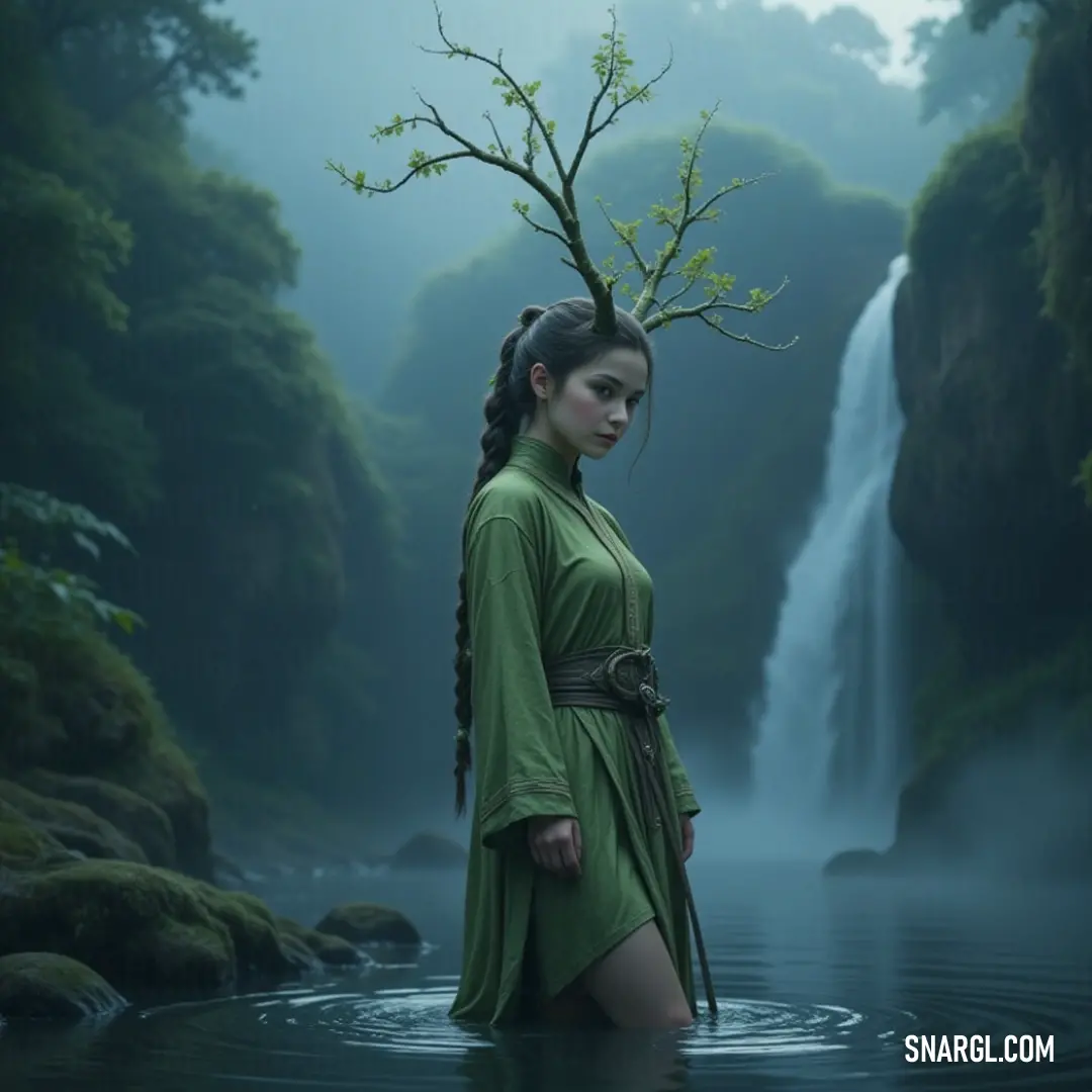 A figure clad in a vibrant green dress stands gracefully in a tranquil pool of water, a majestic waterfall spilling behind her, as she embodies the beauty and serenity of nature's flowing elements around her.