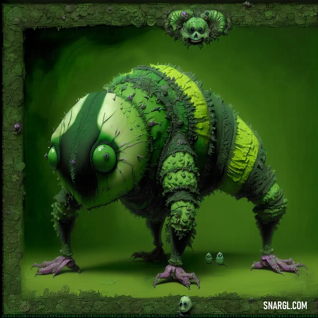 Green and yellow creature with a skull on its head and legs