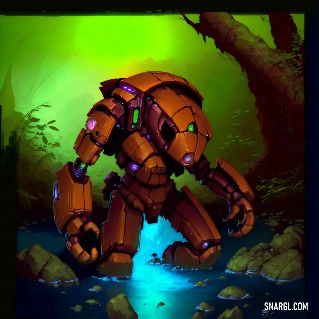 Robot is standing in the water near rocks and trees