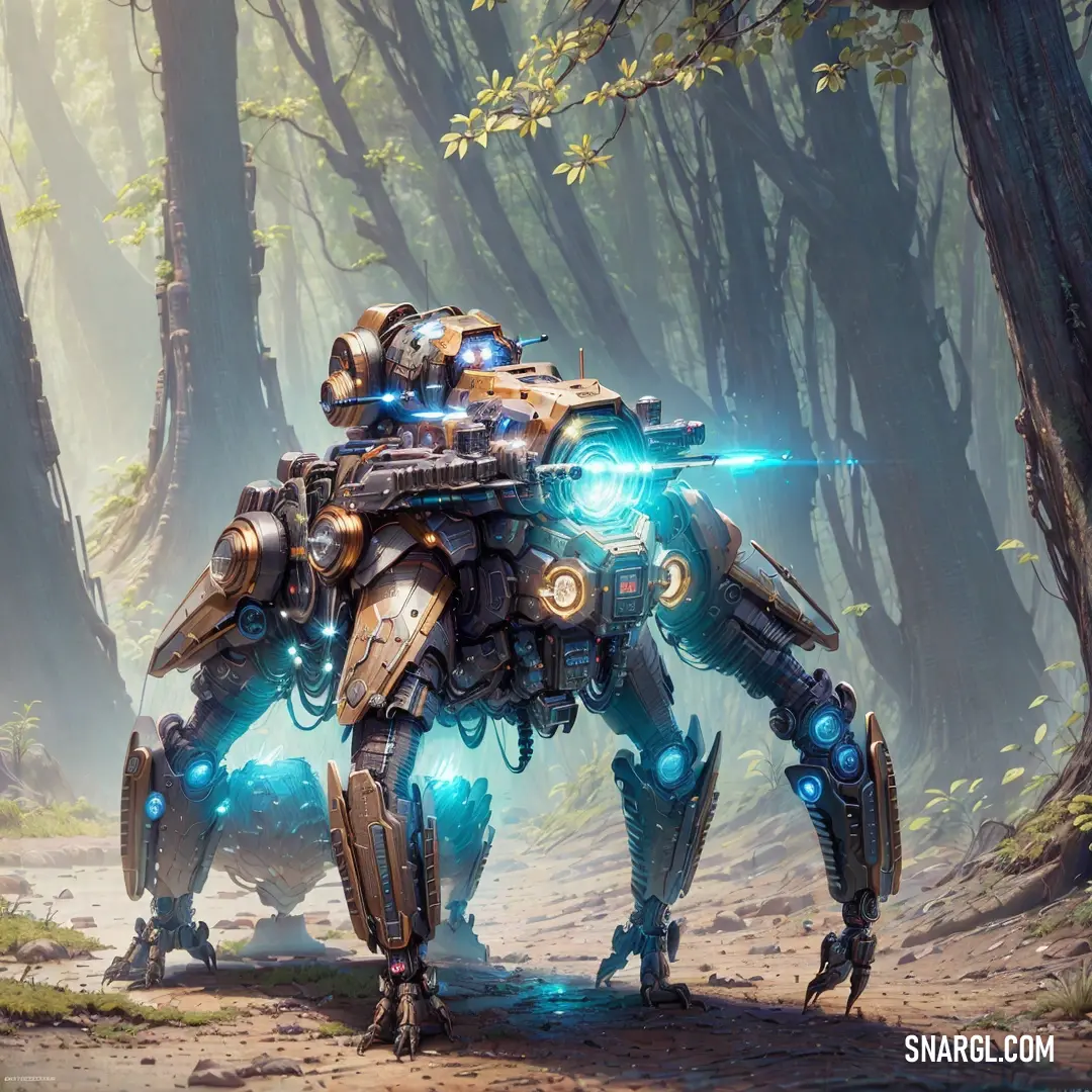 Robot that is standing in the woods with a light on it's face and arms