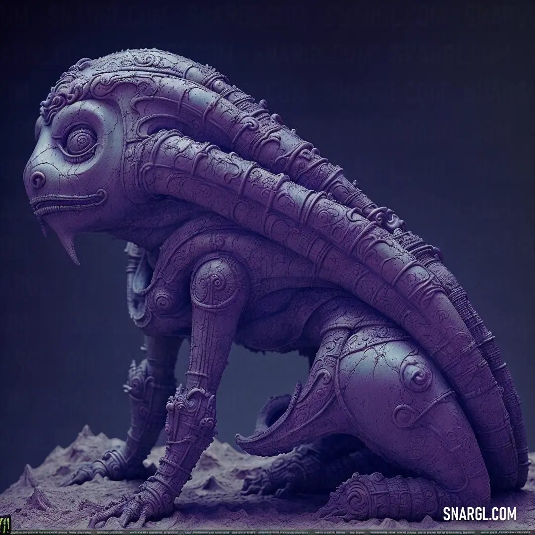 Purple sculpture of a creature on a rock with a black background