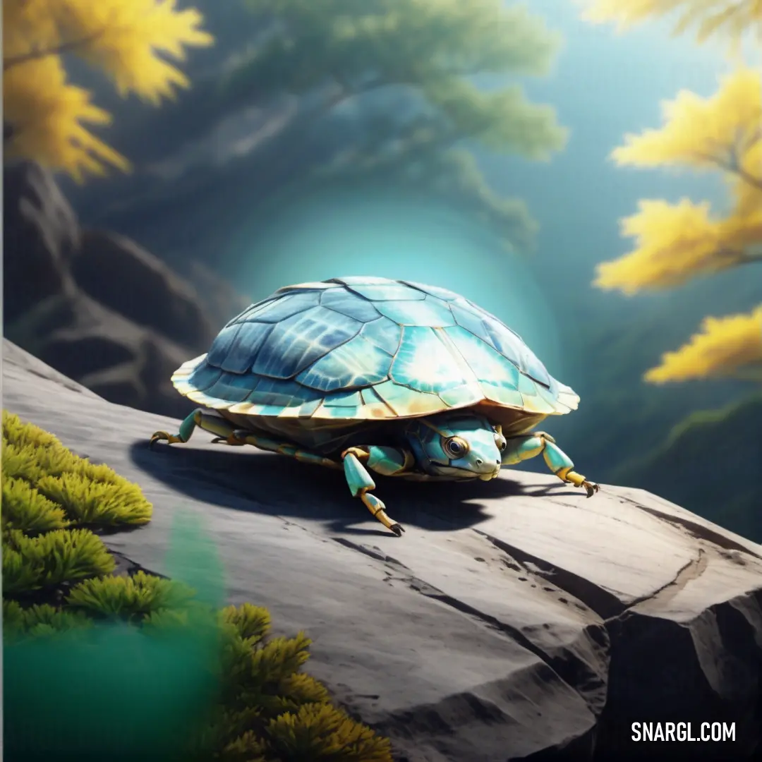 Turtle on top of a rock near a forest filled with trees and bushes