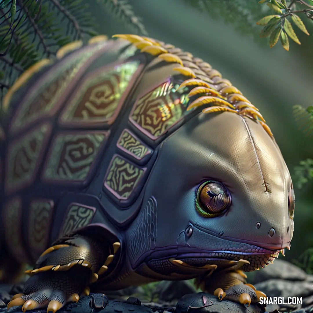 Turtle with a gold and silver shell on its back and a green plant behind it