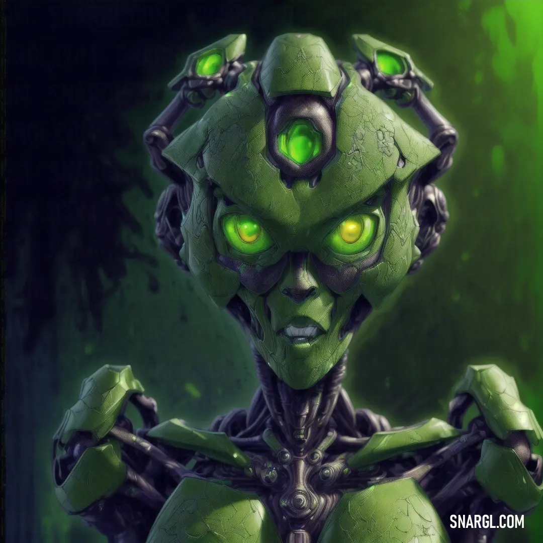 Green alien with glowing eyes and a green body with chains around its neck and arms