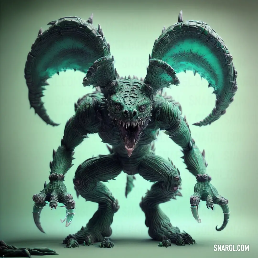 Green monster with large horns and claws on its head
