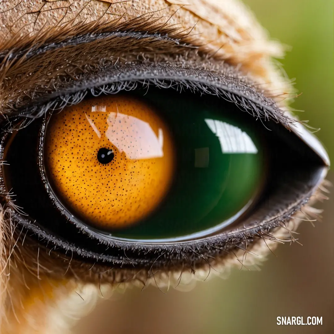 Close up of a brown and black animal's eye with a yellow center and black spot on the iris