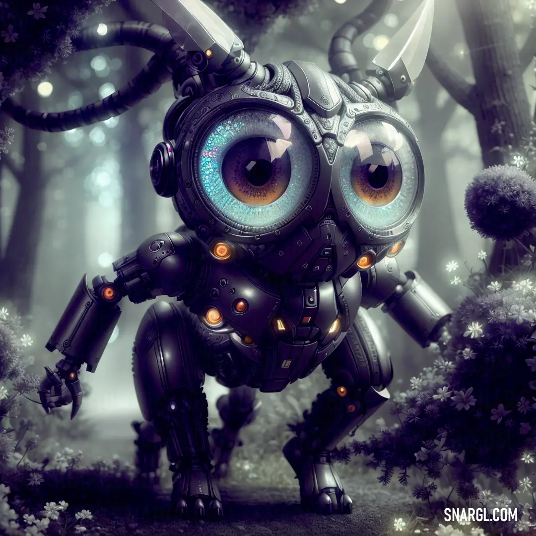 Robot with big eyes standing in a forest with a giant spider like creature in front of it's face