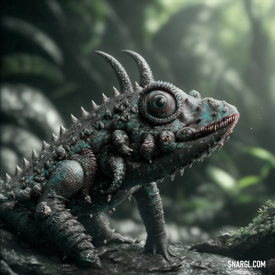 Lizard with a weird face and a long tail standing on a rock in a forest with green plants