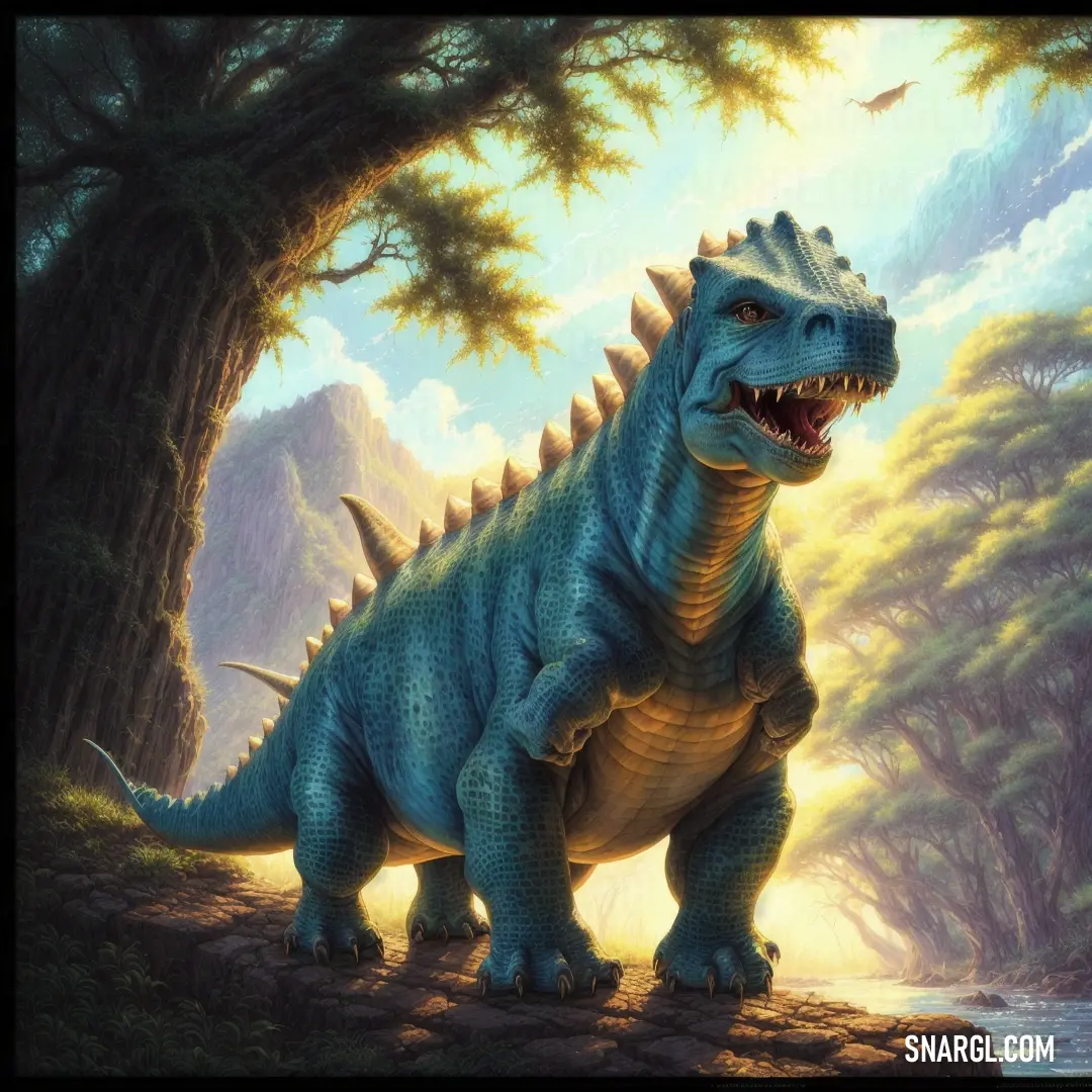 Dinosaur with a large mouth standing in a forest with a river and trees in the background