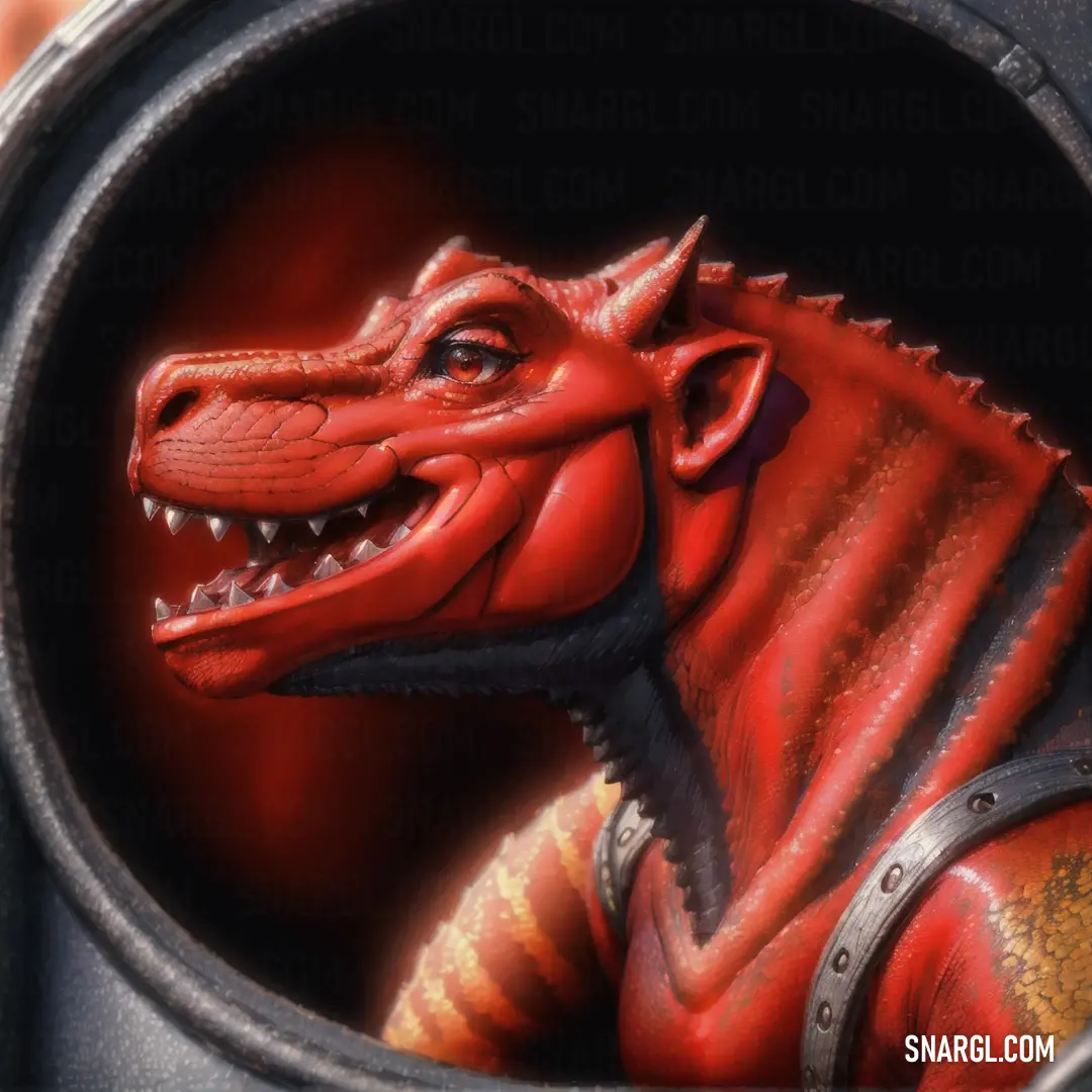 Red dinosaur with a helmet on its head is in a round hole with a man's face
