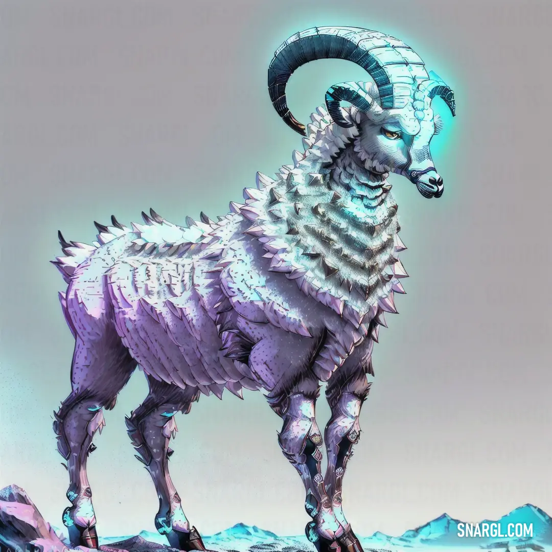 Goat with a very large horn standing on a rock in the snow with a blue light on its head