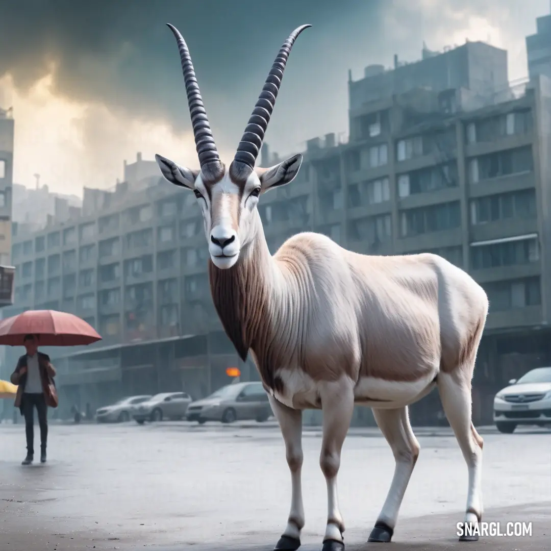 Goat with long horns standing in a parking lot with an umbrella in the background