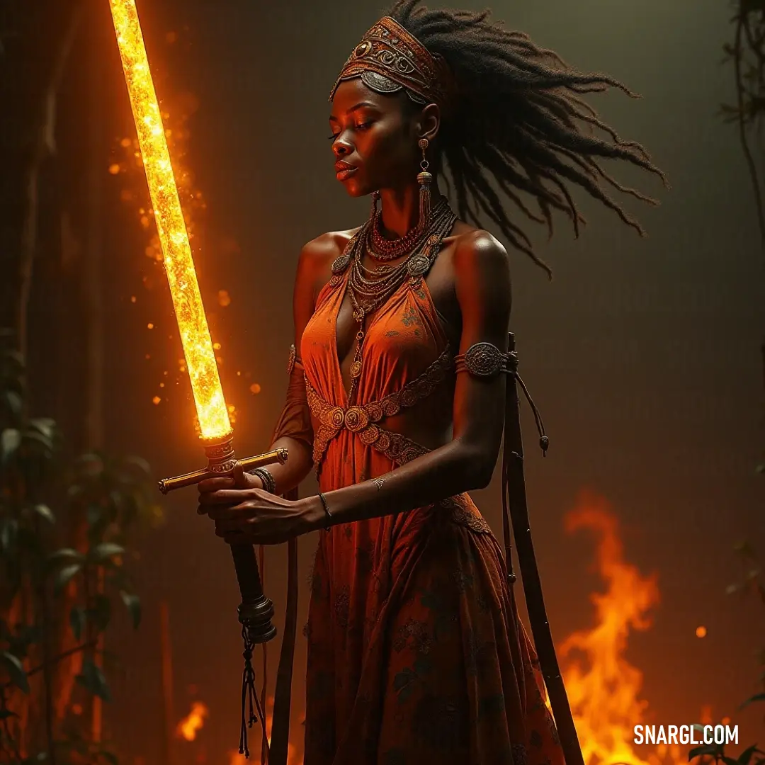 A woman with a sword stands in a dark forest, fire lighting the background with an intense, dramatic glow. A woman holds a sword in a dark forest, fire illuminating the background and casting dramatic shadows. The intense contrast between the flames and the forest creates an atmosphere of tension and power.