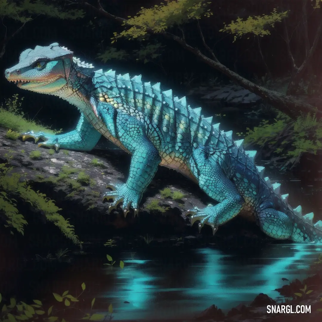 Blue and green dinosaur on a rock next to a body of water with trees in the background