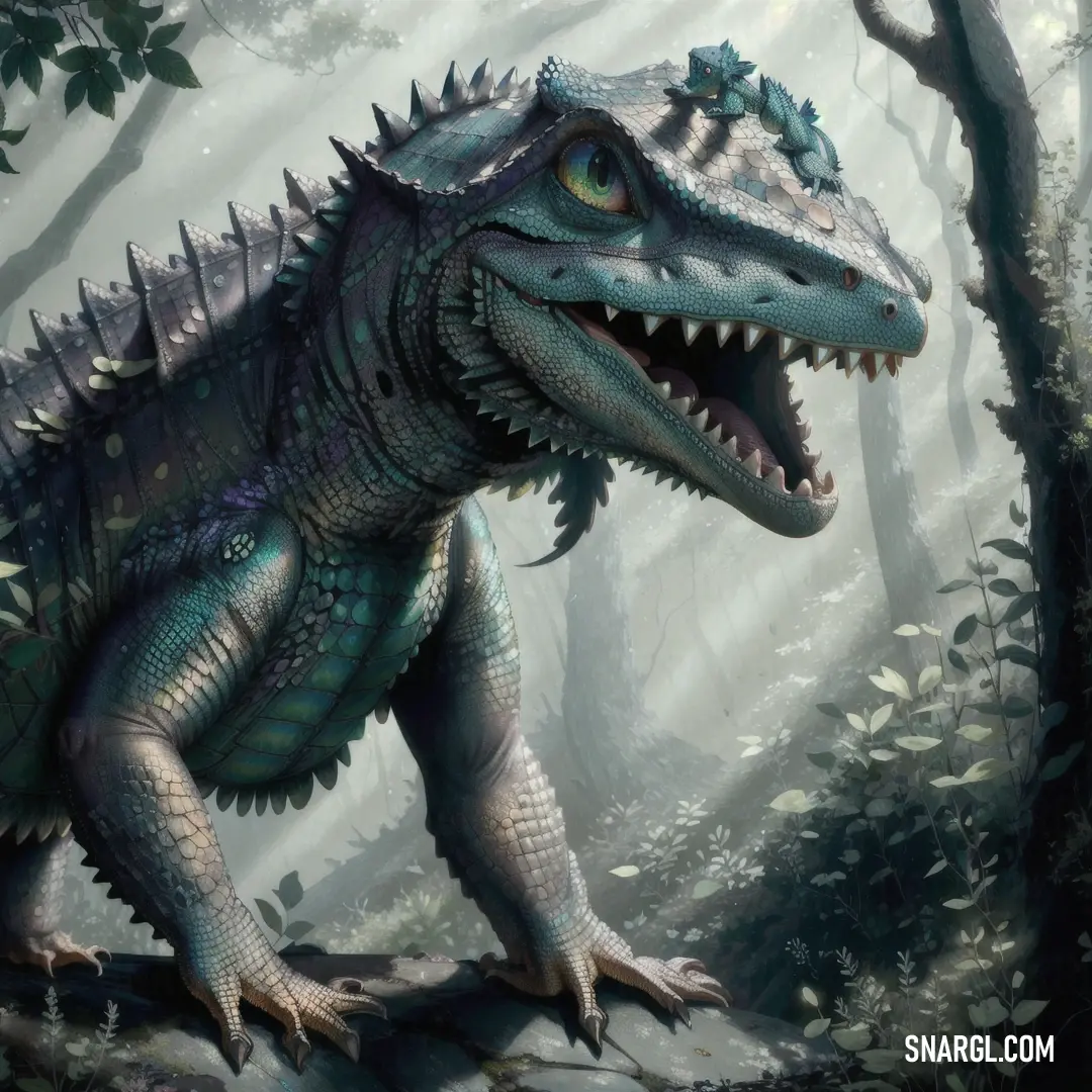 Dinosaur with its mouth open in the woods with trees and leaves around it
